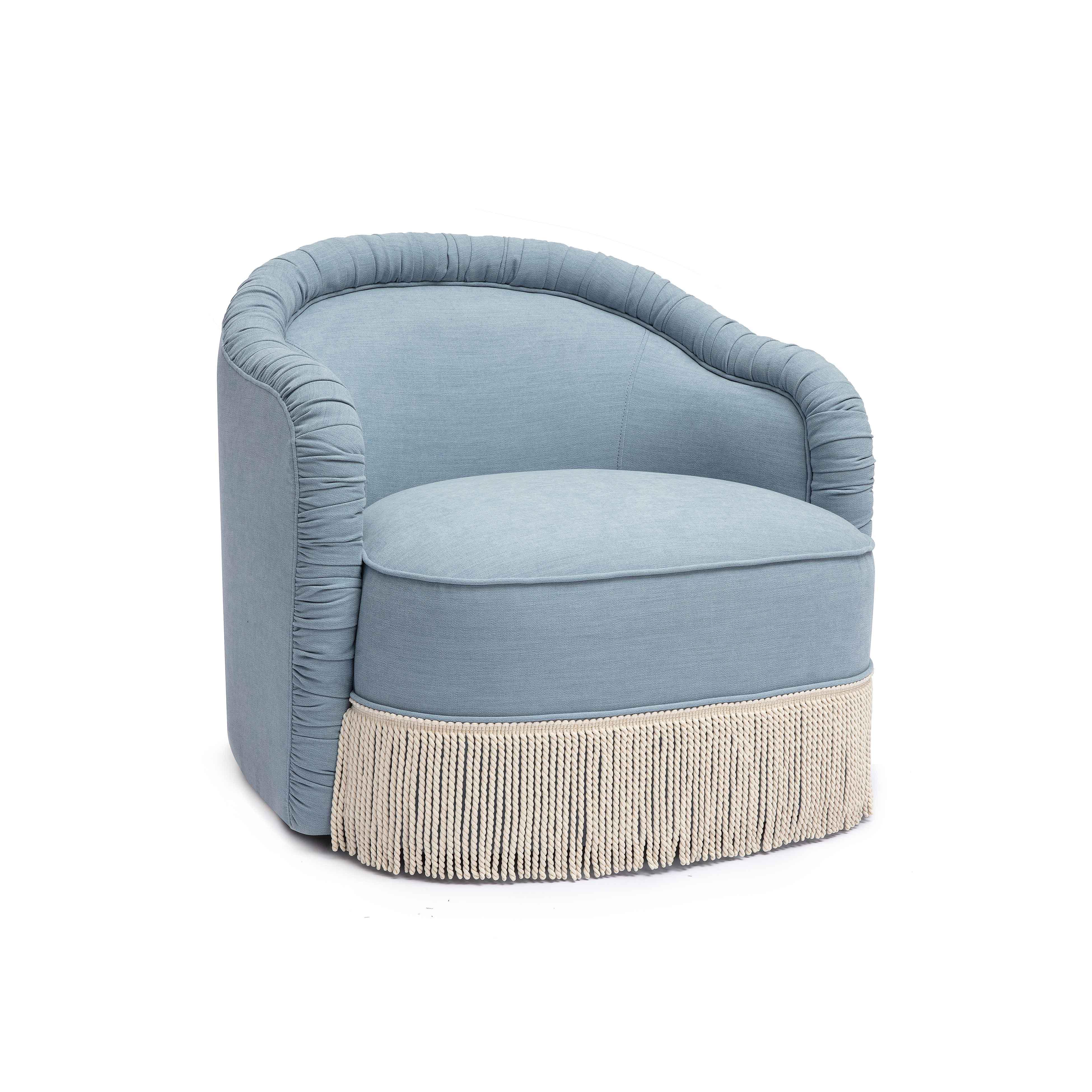 Pamela Faded Blue Upcycled Fabric Tassel Lounge Chair 1 Pamela Faded Blue Upcycled Fabric Tassel Lounge Chair