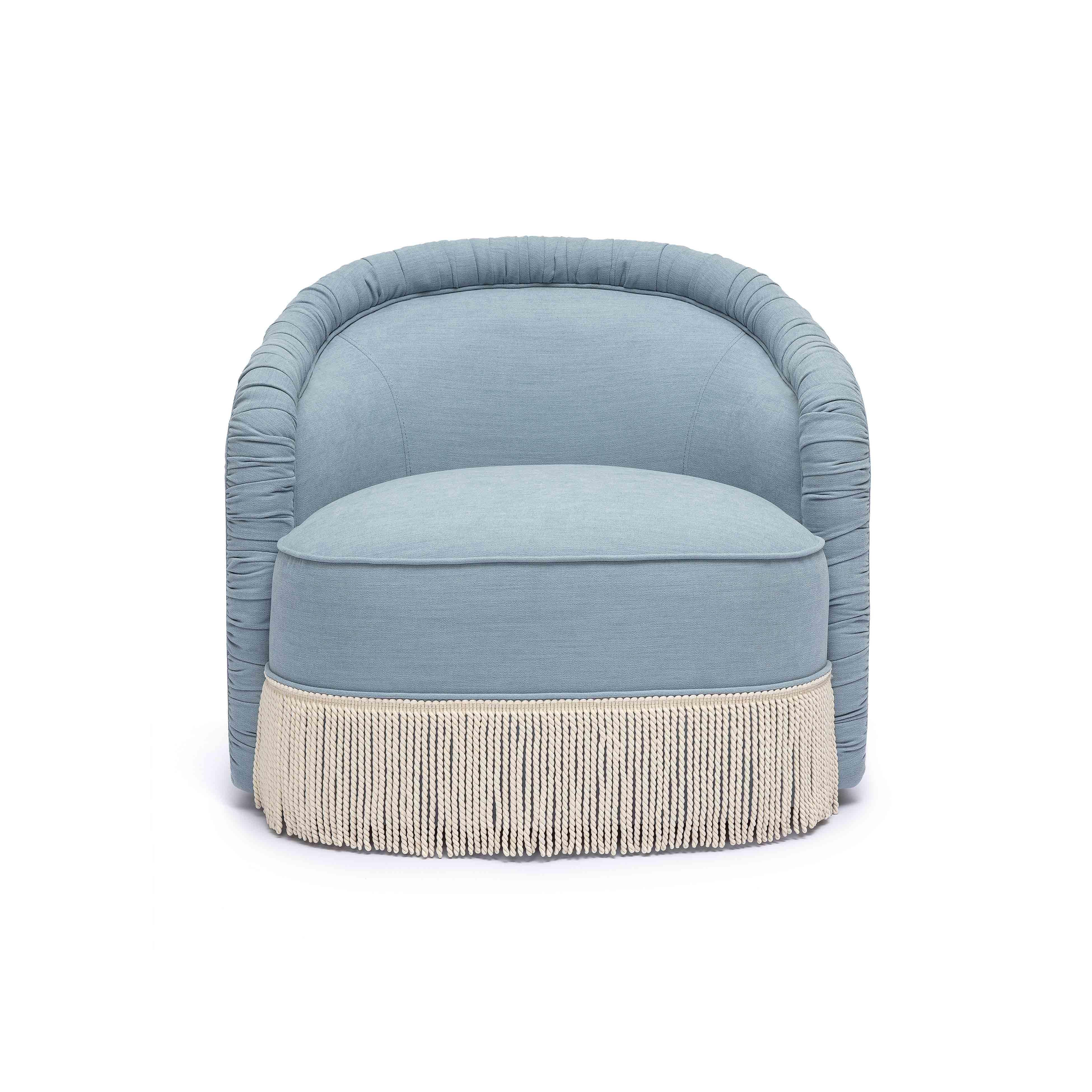 Pamela Faded Blue Upcycled Fabric Tassel Lounge Chair 10 Pamela Faded Blue Upcycled Fabric Tassel Lounge Chair