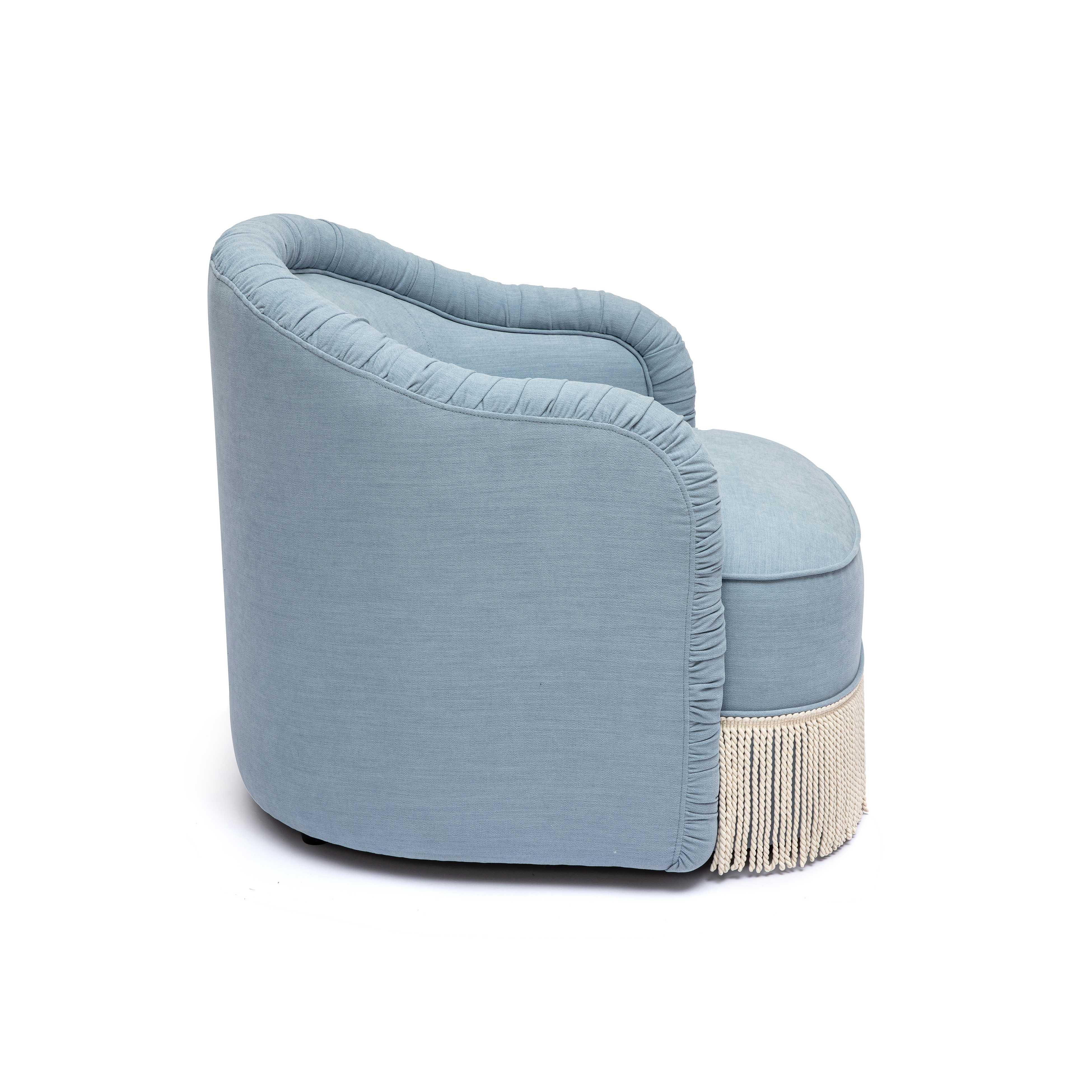Pamela Faded Blue Upcycled Fabric Tassel Lounge Chair 12 Pamela Faded Blue Upcycled Fabric Tassel Lounge Chair
